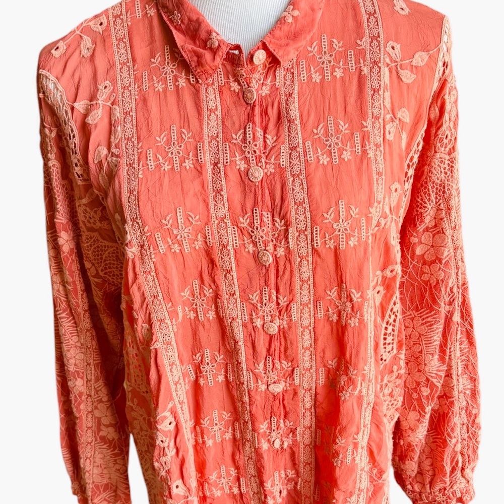 Johnny Was White and Orange Pleated Blouse
